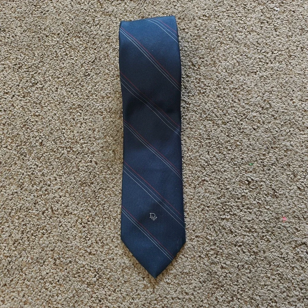 Christian Dior Mens Navy Blue Striped  Necktie Made in USA Logo Tie